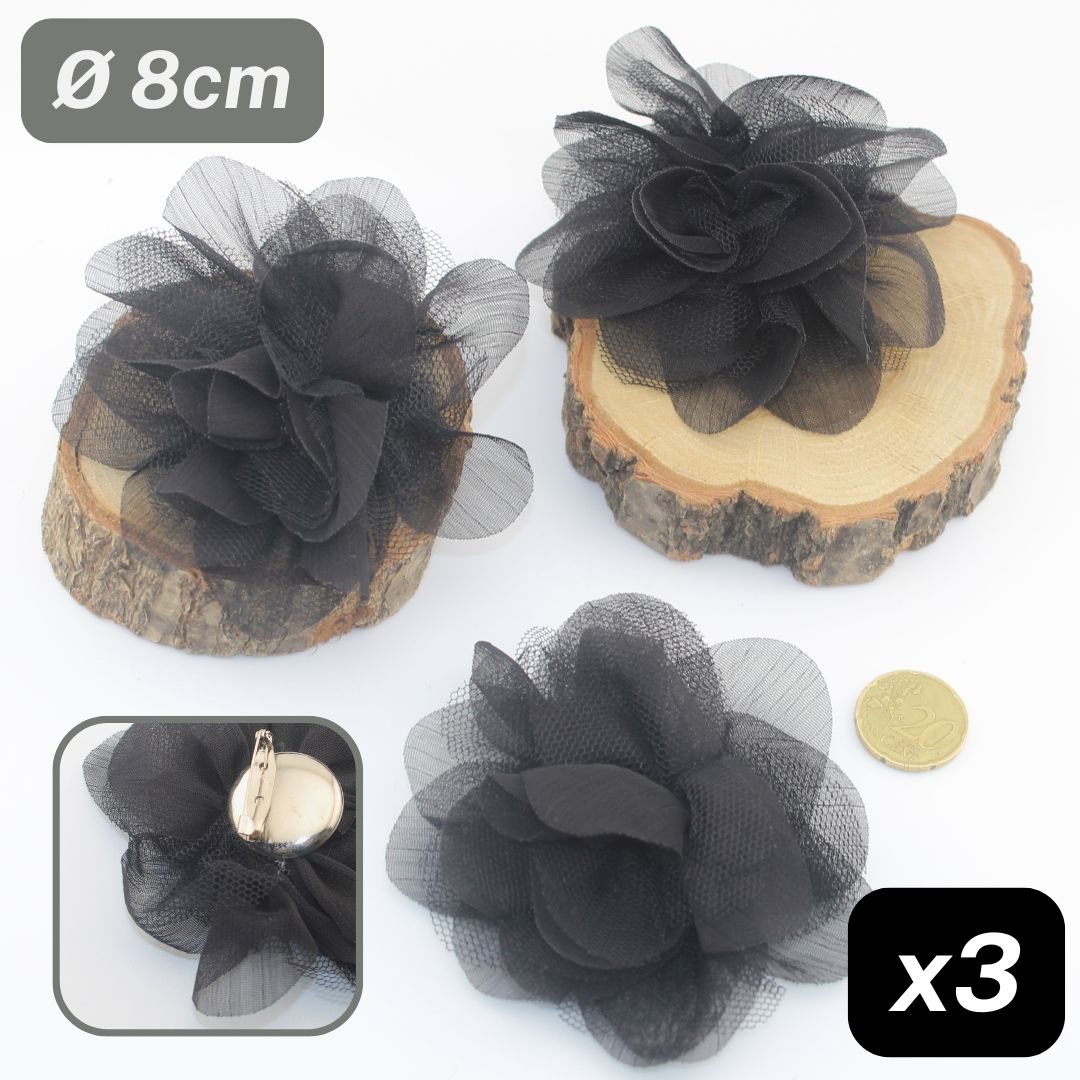 Set of 3 Black Organza Flowers Brooches/Corsages with Safety Pin