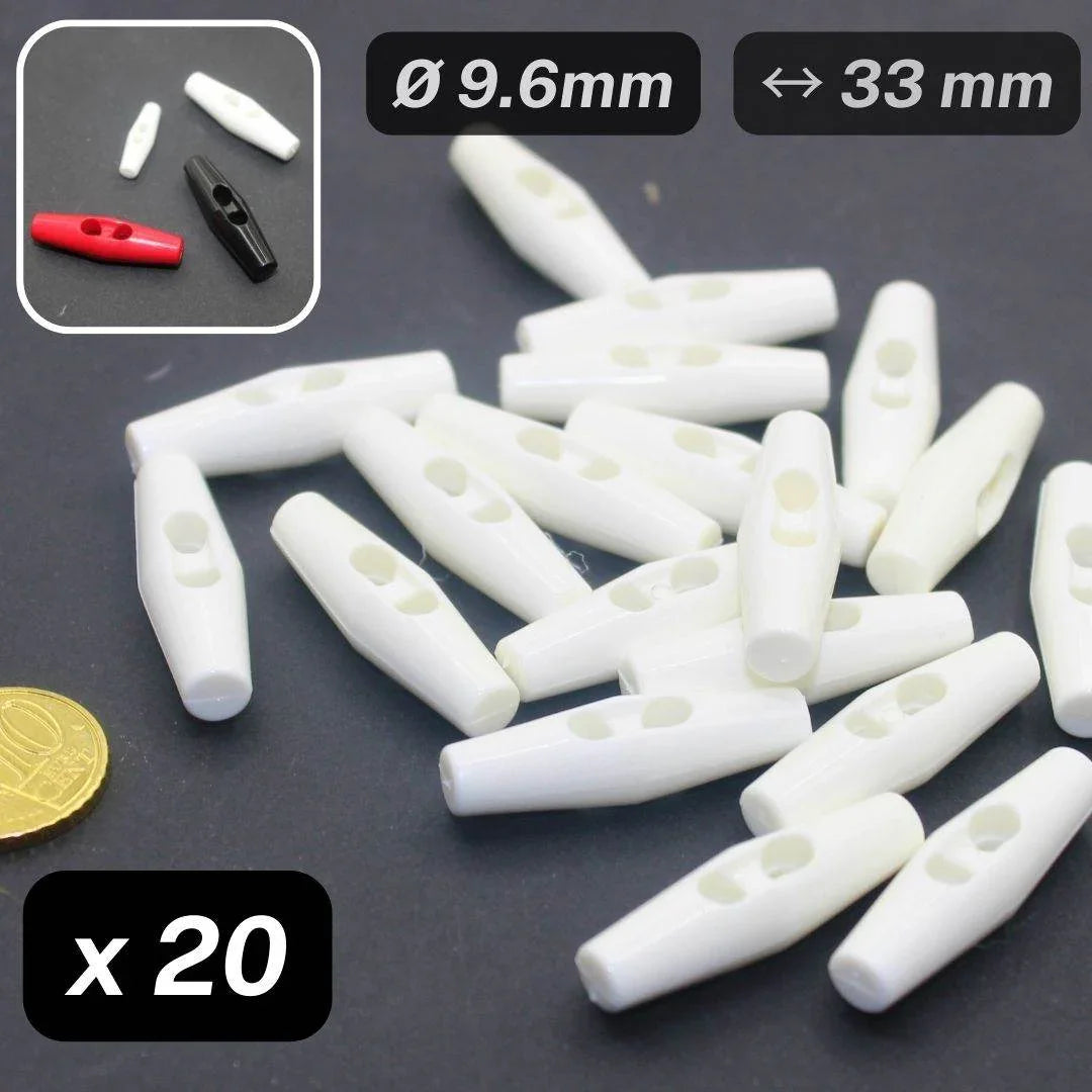 20 Pieces White Nylon Toggles 2 Holes Size 33MM #KN2500354 - ACCESSOIRES LEDUC BV