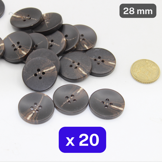 20 Pieces Thick Shiny Dark Brown Polyester Buttons 4 Holes Size 28mm #KP4502444 - ACCESSOIRES LEDUC BV