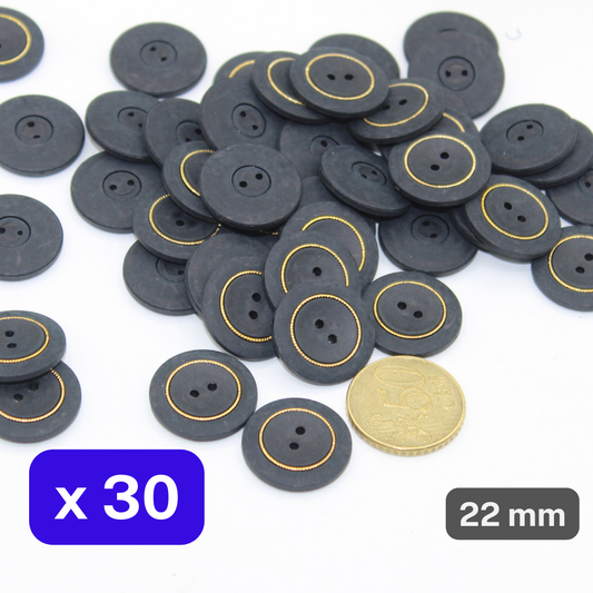 30 Pieces Matt Combined Nylon Buttons Black + Gold Size 22mm #KC2500134 - ACCESSOIRES LEDUC BV