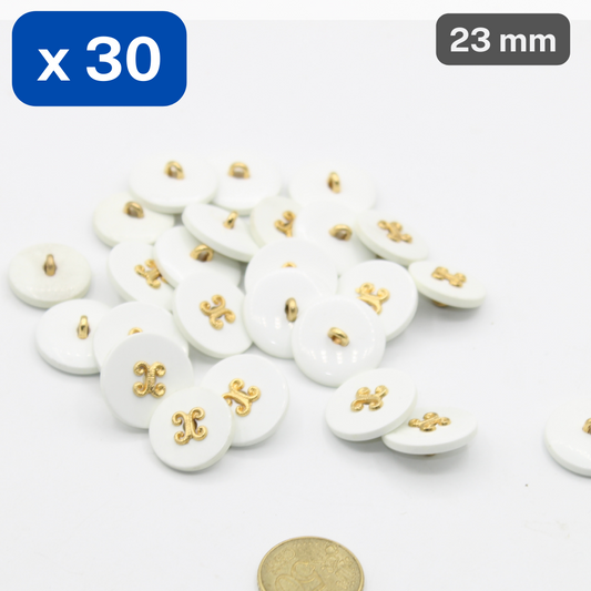 30 Pieces White Polyester with Gold Zamak Shank Buttons Size 23mm #KCQ501636 - ACCESSOIRES LEDUC BV