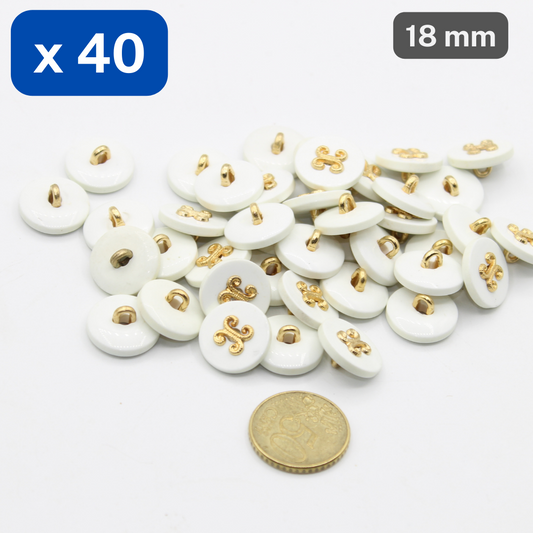 40 Pieces White Polyester with Gold Zamak Shank Buttons Size 18mm #KCQ501628 - ACCESSOIRES LEDUC BV