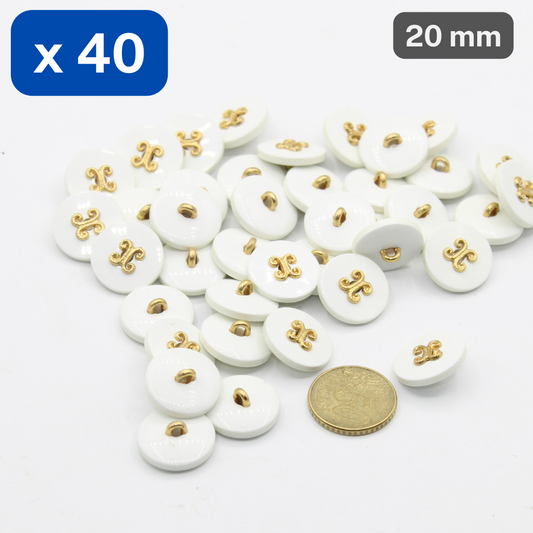 40 Pieces White Polyester with Gold Zamak Shank Buttons Size 20mm #KCQ501632