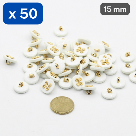 50 Pieces White Polyester with Gold Zamak Shank Buttons Size 15mm #KCQ501624 - ACCESSOIRES LEDUC BV