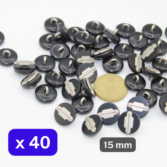 40 Pieces Black and Old Silver Shank Buttons Size 15mm #KCQ501524 - ACCESSOIRES LEDUC BV