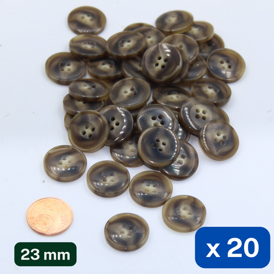 20 Pieces Shiny Beige/Brown Polyester Buttons 4 Holes Size 23mm #KP4501536 - ACCESSOIRES LEDUC BV