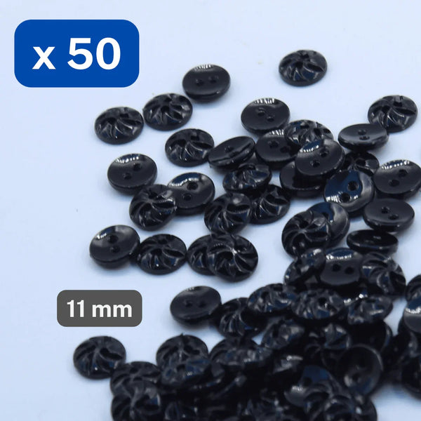 50 Pieces Black Nylon Buttons 2 Holes Size 11MM #KN2500218 - ACCESSOIRES LEDUC BV