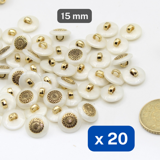 20 Pieces Metallized Nylon Buttons White Rim Insert Old Gold Size 15mm #KCQ501324 - ACCESSOIRES LEDUC BV