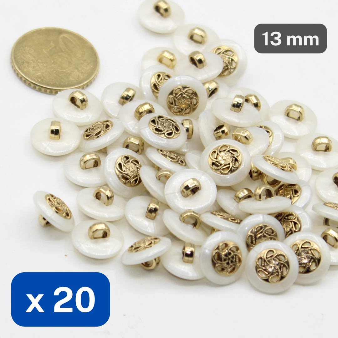 20 Pieces Metallized Nylon Buttons White Rim Insert Old Gold Size 13mm #KCQ501420 - ACCESSOIRES LEDUC BV