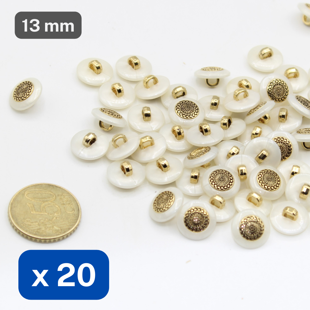 20 Pieces Metallized Nylon Buttons White Rim Insert Old Gold Size 13mm #KCQ501320