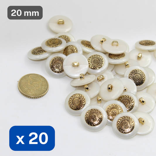 20 Pieces Metallized Nylon Buttons White Rim Insert Old Gold Size 20mm #KCQ501332