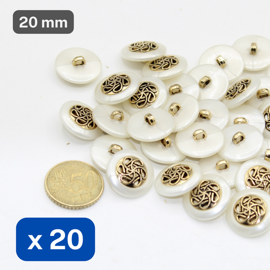 20 Pieces Metallized Nylon Buttons White Rim Insert Old Gold Size 20mm #KCQ501432 - ACCESSOIRES LEDUC BV