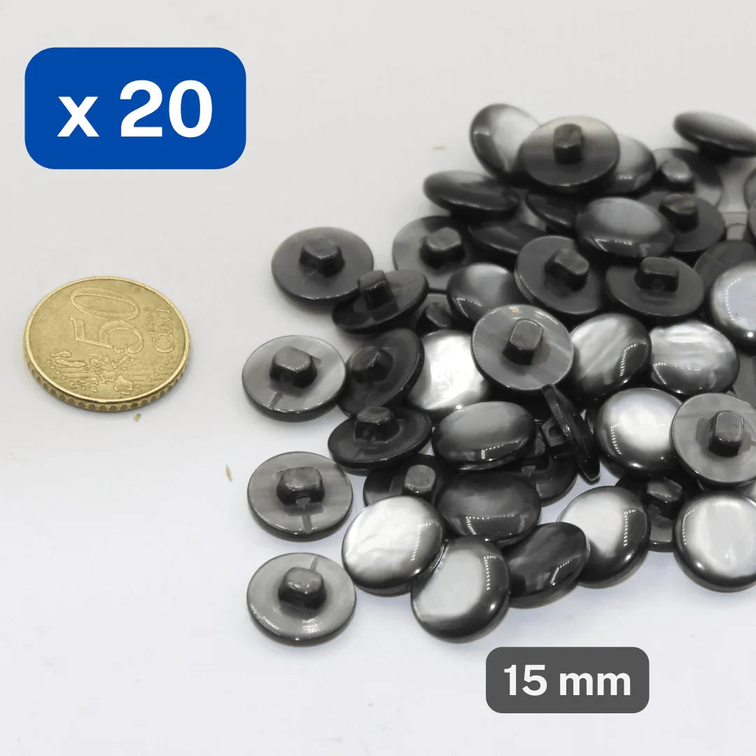 20 Pieces Shiny Polyester Grey Shank Buttons size 15mm #KPQ500124 - ACCESSOIRES LEDUC BV