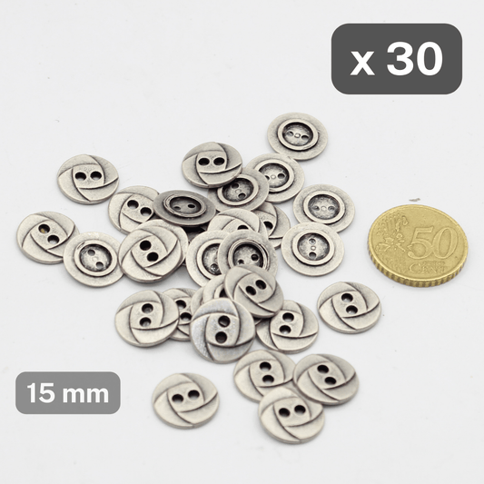 30 Pieces Old Silver Zamak Buttons 2 Holes #KZ2500024 - ACCESSOIRES LEDUC BV