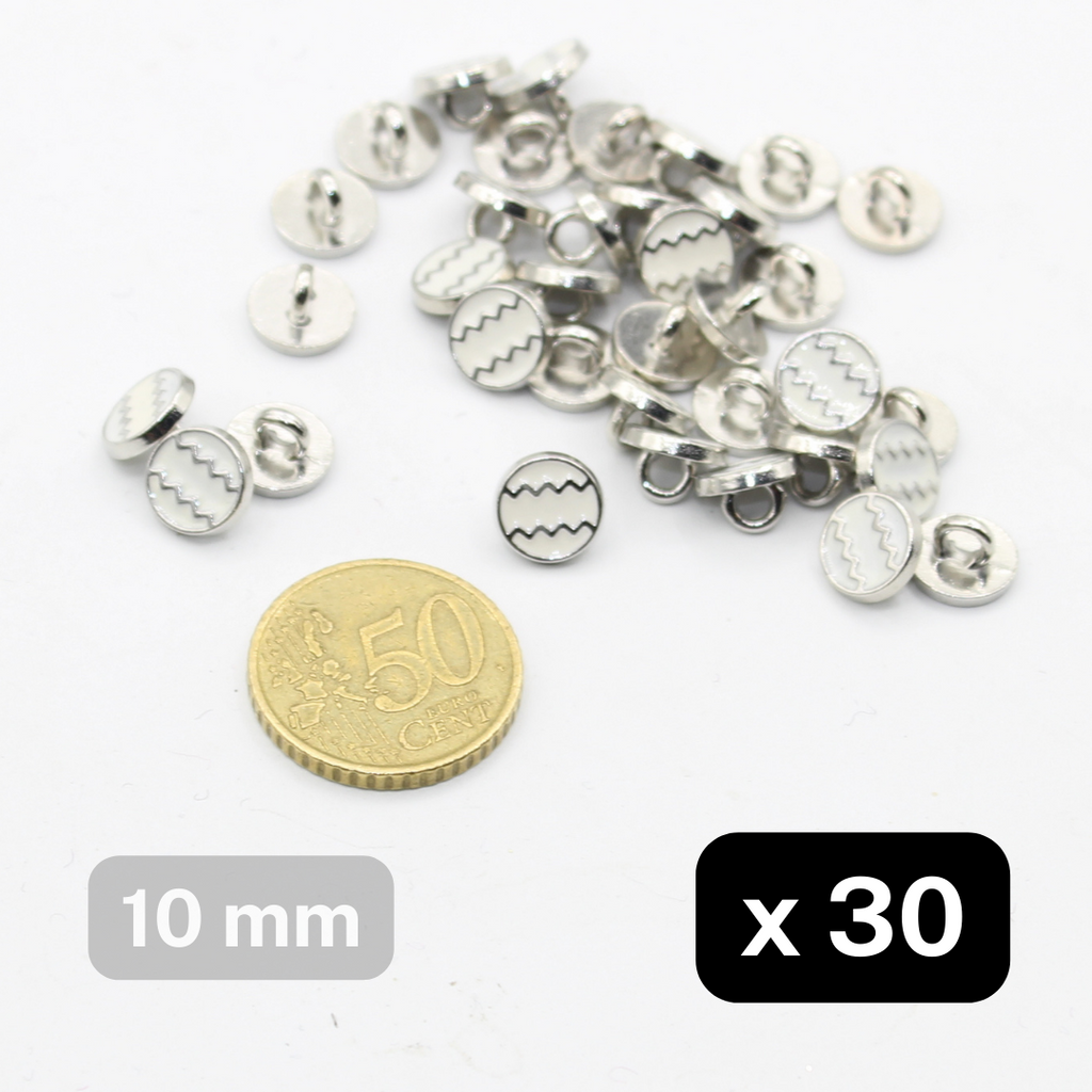 30 boutons à tige en Zamak blanc + argent, taille 10mm #KCQ500416
