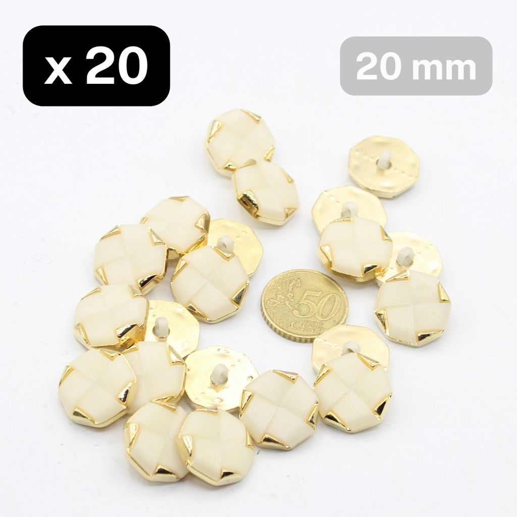 20 boutons à tige blancs et dorés, taille 20mm #KCQ500532