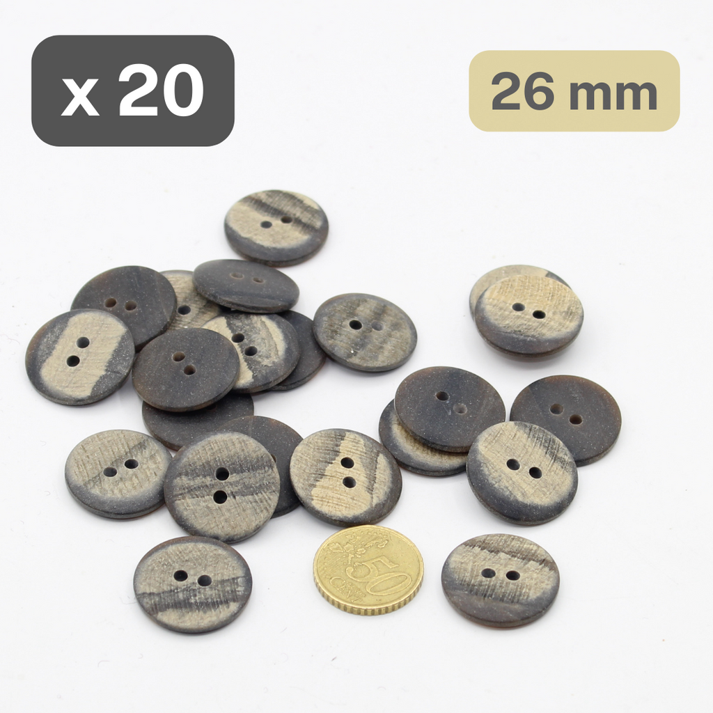 20 boutons en polyester marron mat, 2 trous, taille 26MM, #KP2500240
