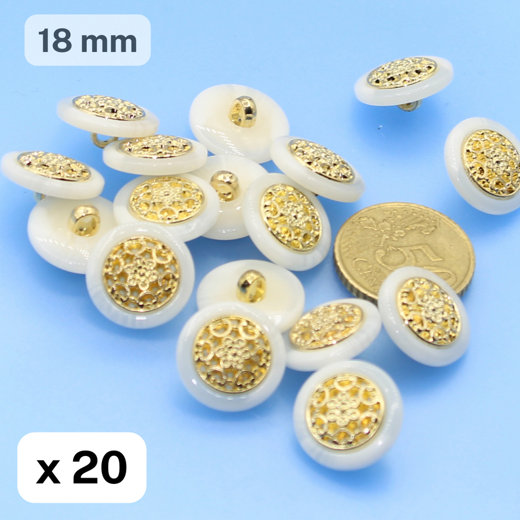 20 piezas botones blancos y dorados tamaño 18 mm #KCQ500628