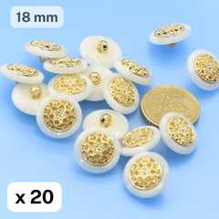 20 Pieces White and Gold Buttons Size 18mm #KCQ500628 - ACCESSOIRES LEDUC BV