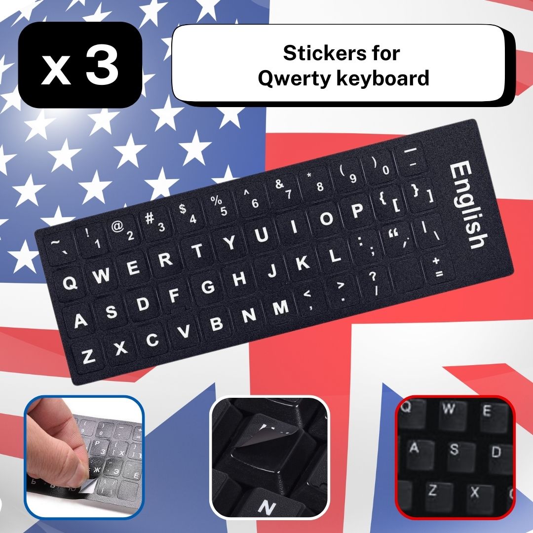 Set of 3 Keyboard Stickers Ukraine / Russia / Arabic / Brazilian / Dutch / English / French / German / Italian / Japanese / Portuguese / Spanish / Swedish or Turkish