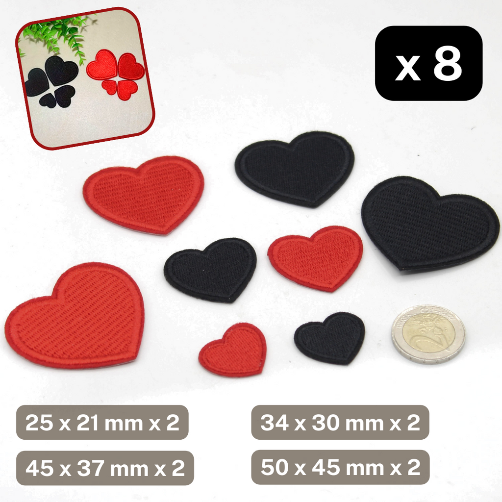 Set van 8 hartpatches, opstrijkbaar, 4 maten, elk rood en één zwart