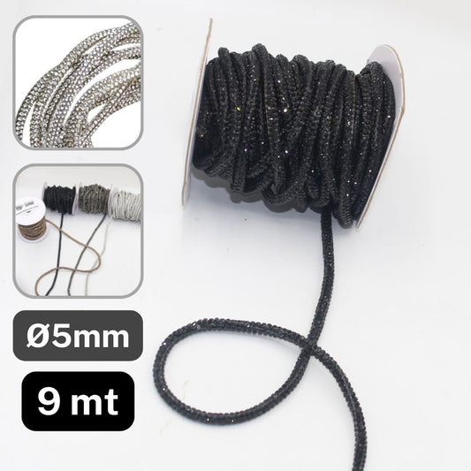 9 meters of Strass Cord, available in 5mm or 6mm in Black, Gunmetal, Silver or Copper