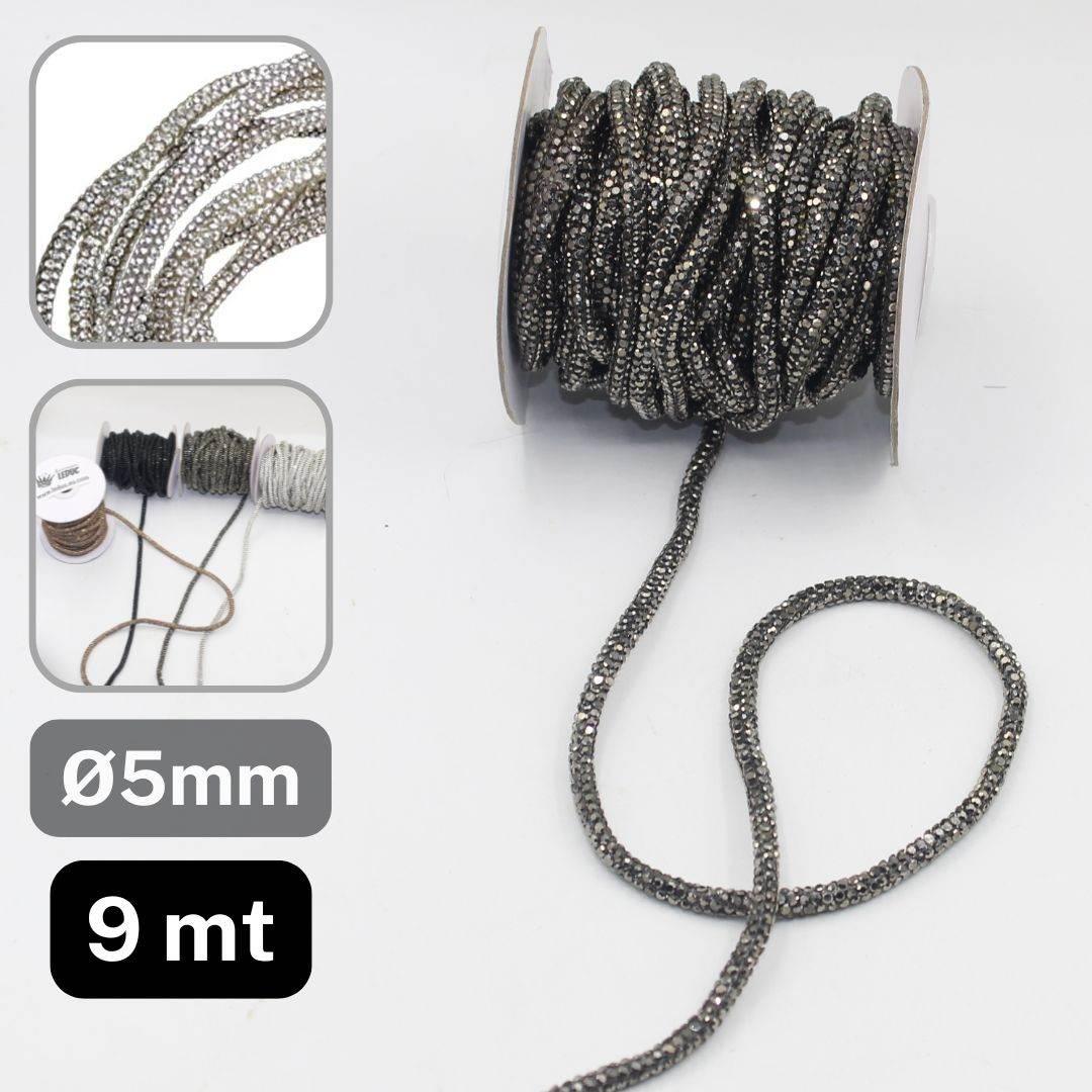 9 meters of Strass Cord, available in 5mm or 6mm in Black, Gunmetal, Silver or Copper - ACCESSOIRES LEDUC BV