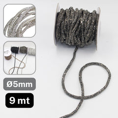 9 meters of Strass Cord, available in 5mm or 6mm in Black, Gunmetal, Silver or Copper