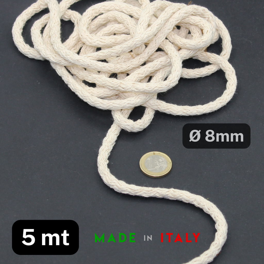 5 mètres de cordon en coton écru 8 mm fabriqué en Italie