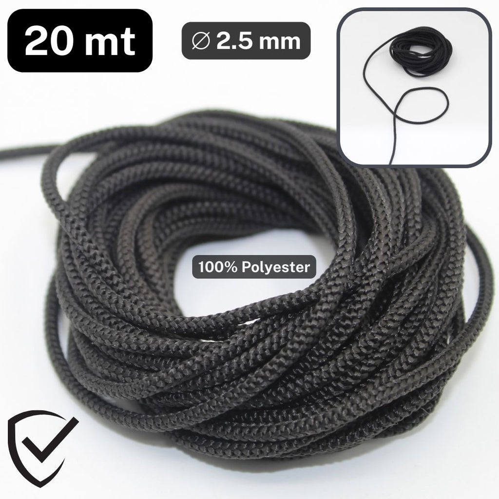 Cordón de poliéster súper resistente negro de 20 metros y 2.5 mm