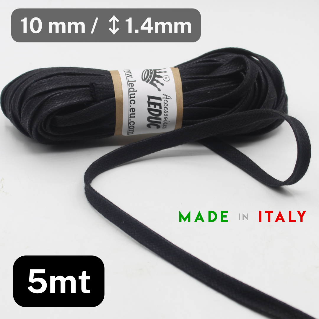 5 meters Black 10mm Flat Waxed cord Made in Italy (1.4mm thick)