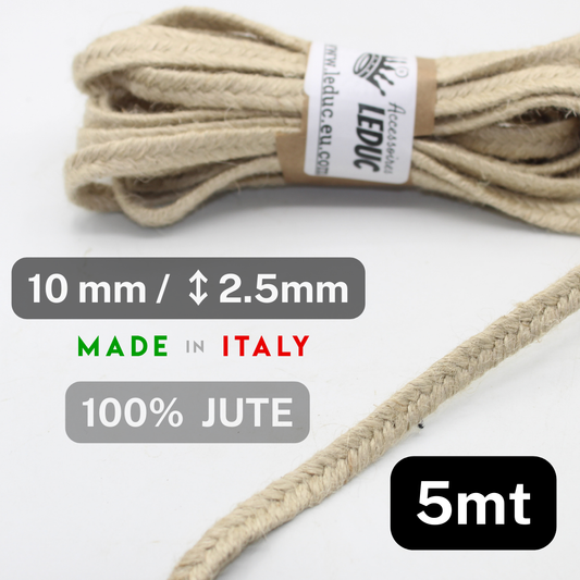 5 meters Natural Jute 10mm Flat Pleated cord Made in Italy (2.5mm thick) - ACCESSOIRES LEDUC BV