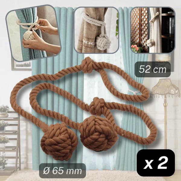 1 pair (2 pieces - suitable for 1 or 2 window(s)) Fancy Cotton Tie-Backs for Curtains - Made with a Cord and a Ball #EMB04 - ACCESSOIRES LEDUC BV
