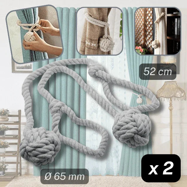 1 pair (2 pieces - suitable for 1 or 2 window(s)) Fancy Cotton Tie-Backs for Curtains - Made with a Cord and a Ball #EMB04 - ACCESSOIRES LEDUC BV