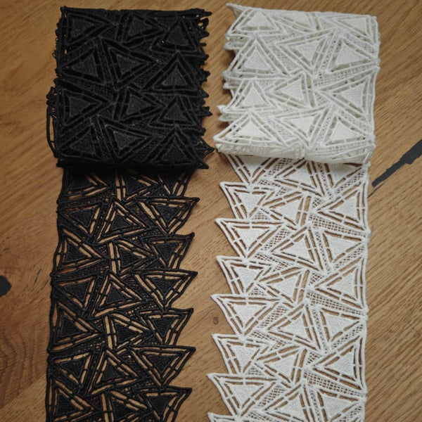 1 meters Deluxe Geometric Cotton Lace with Triangles designs 82mm available in Black or White #DEN250620i - ACCESSOIRES LEDUC BV