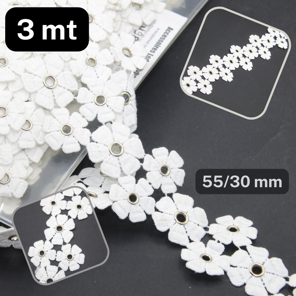 3 meters White Floral Lace with Silver Eyelets (55/30mm) #DEN980
