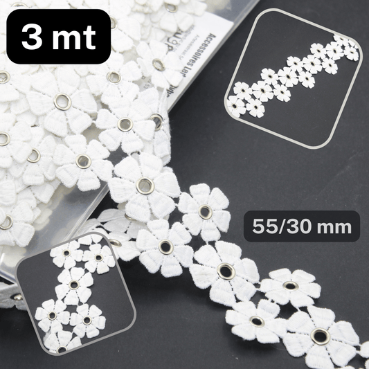 3 meters White Floral Lace with Silver Eyelets (55/30mm) #DEN980 - ACCESSOIRES LEDUC BV