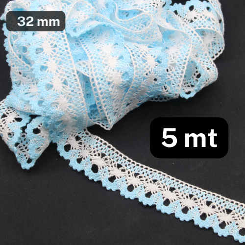 5 meters Bicolor White and Pale Blue Geometric Lace (32mm)