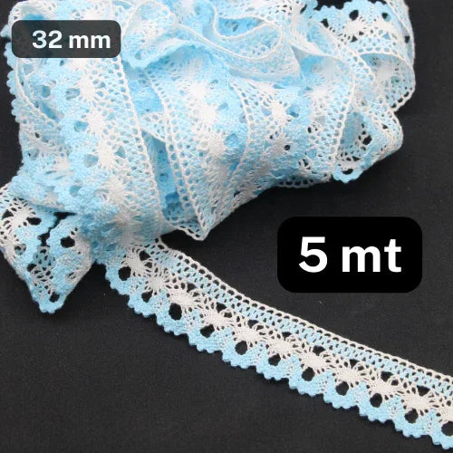 5 meters Bicolor White and Pale Blue Geometric Lace (32mm) - ACCESSOIRES LEDUC BV