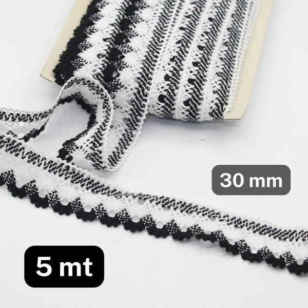 5 meters Bicolor White and Black Geometric Lace (30mm) - ACCESSOIRES LEDUC BV