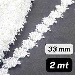 2 meters 33mm White Floral Lace with Pearls