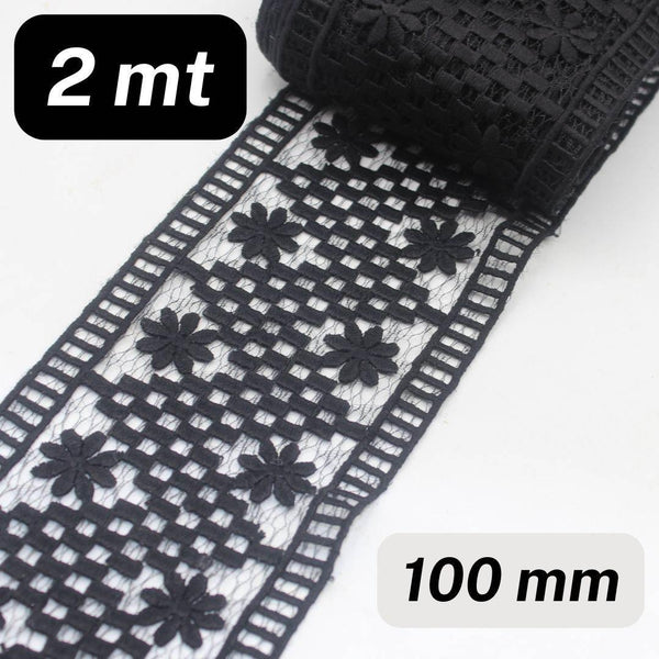 2 meters Lace with Zig Zag & Floral designs 100mm available in Black or White - ACCESSOIRES LEDUC BV