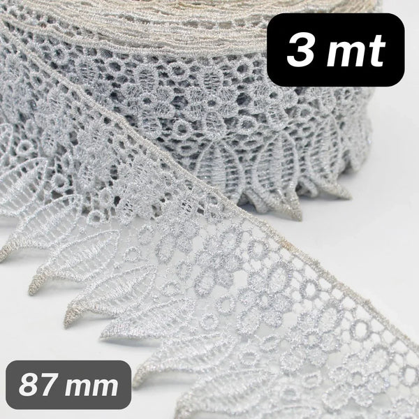 3 meters 87mm Silver Lurex Polyester Floral Lace ref #DEN1207 - ACCESSOIRES LEDUC BV