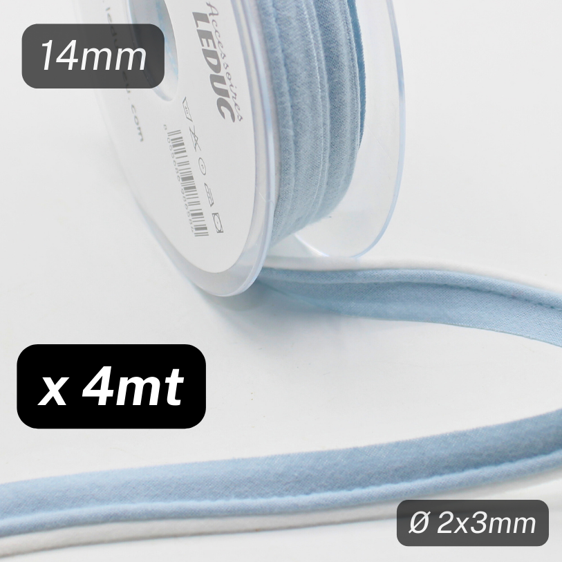4 meters Double Piping, Light Blue + White, Cotton, 14mm - Made in Italy