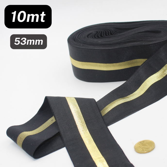 10 meter zacht elastiek 53 mm zwart + goud Lurex streep