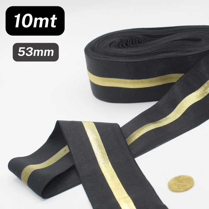 10 Meters Soft Elastic 53mm Black + Gold Lurex Stripe - ACCESSOIRES LEDUC BV