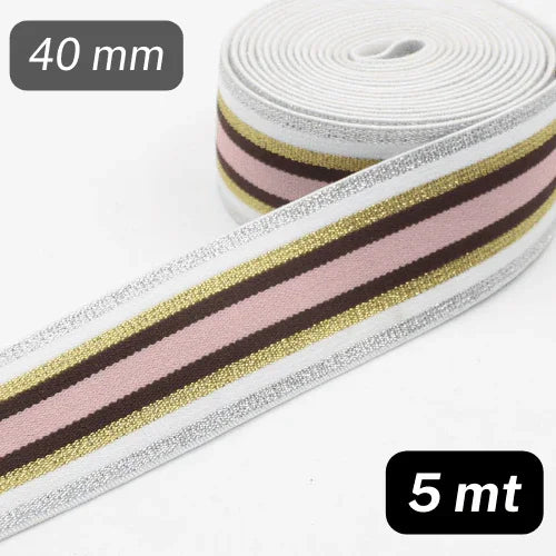 5 meters Soft Striped Elastic Silver White Pink Gold Bordeaux 40mm - ACCESSOIRES LEDUC BV