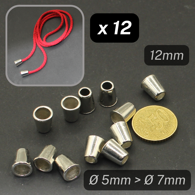 12 Metal Cord-ends, Silver colour, Diameter 5mm on one side, 7mm on the other side. Suitable for cords of +/- 5mm