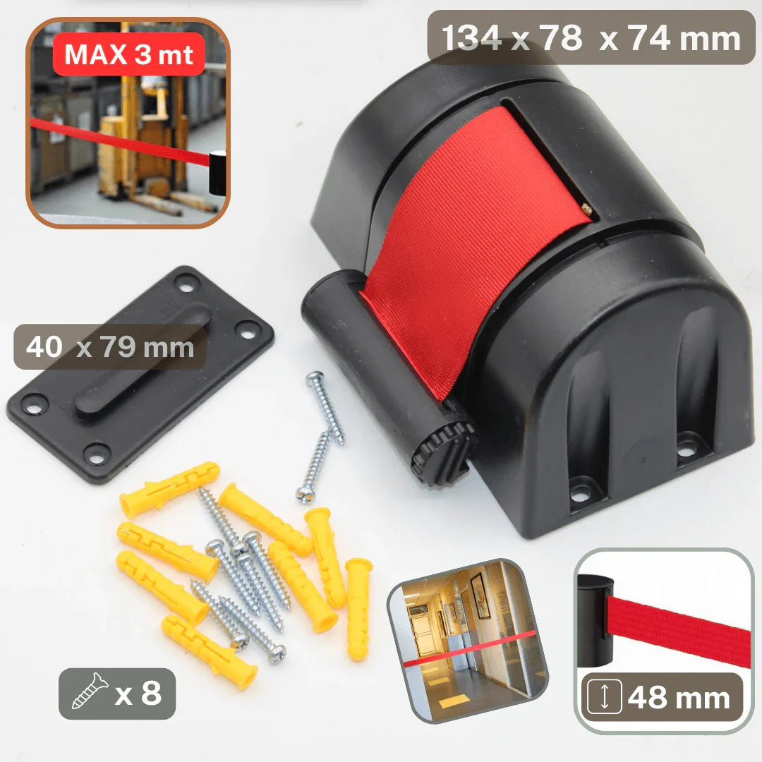 Retractable Belt (for Queue Crowd, Control Barrier) Wall Mount (Space Saving), available in 2 or 3 Meter - ACCESSOIRES LEDUC BV