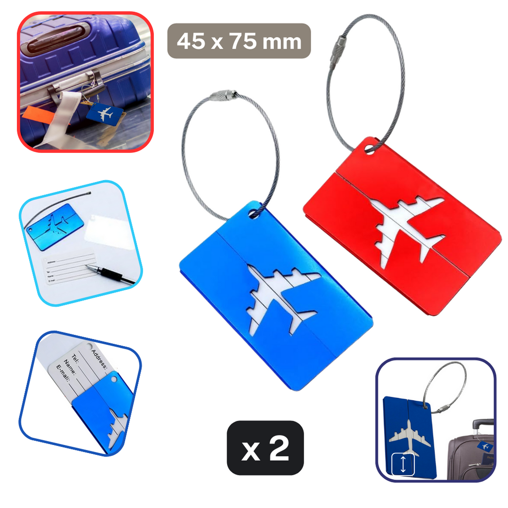 2 étiquettes à bagages métalliques de luxe (1 rouge + 1 bleue)
